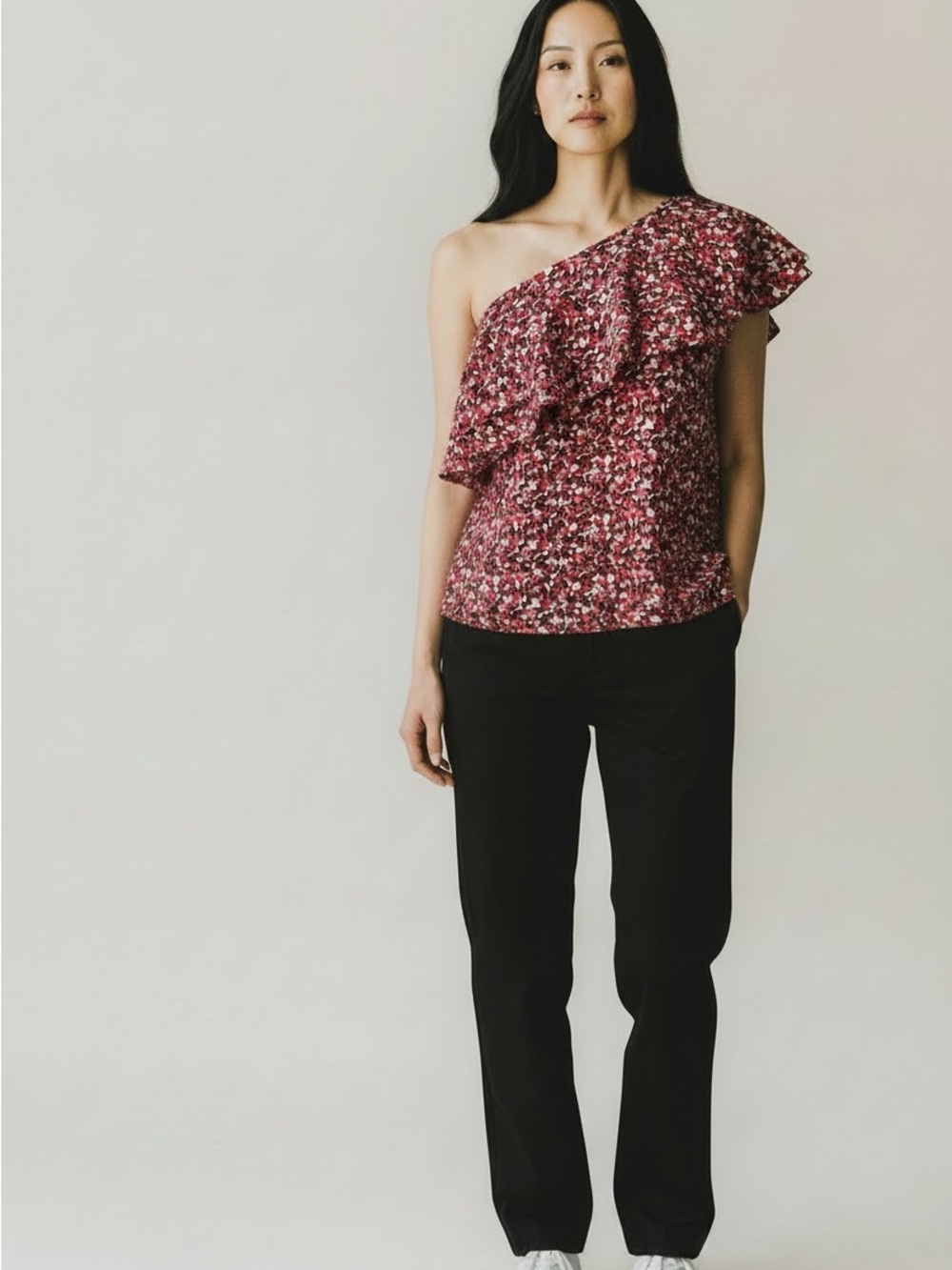 Michael Kors One-Shoulder Floral Ruffle Camisole in Burgundy and Pink Size 2